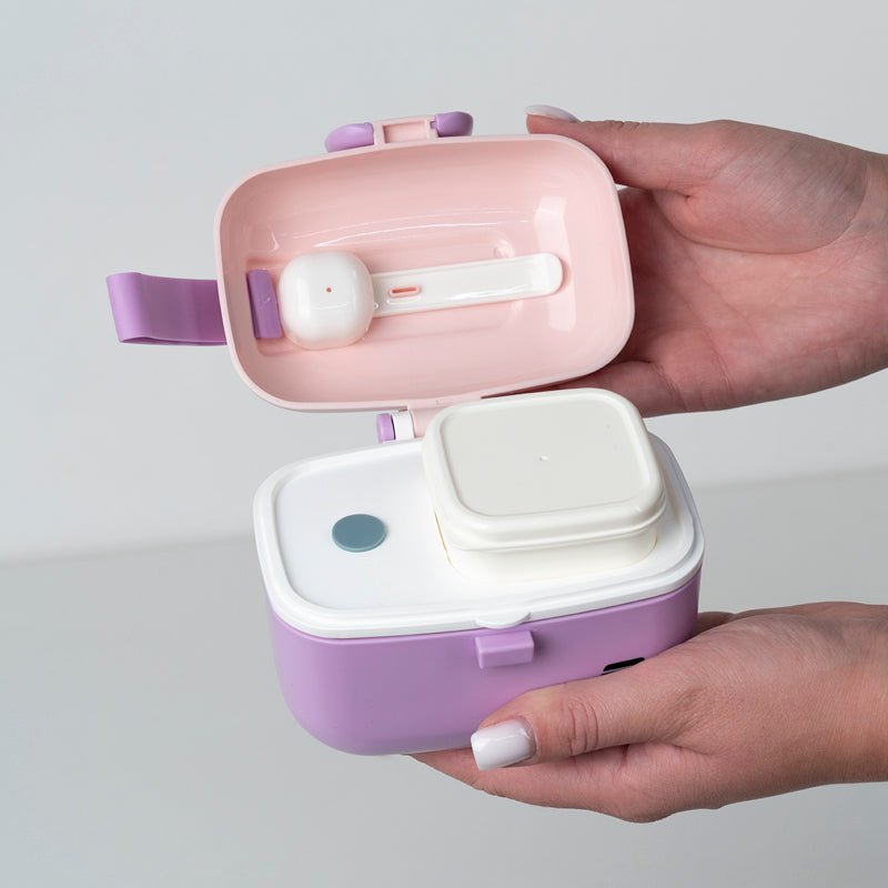 Lunchbox dla dzieci fioletowy, otwierany pojemnik na śniadanie z przegródką, praktyczny do szkoły i przedszkola