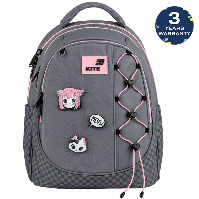 Rucsac școlar ortopedic Kite Meow pentru fete, gri deschis cu petice