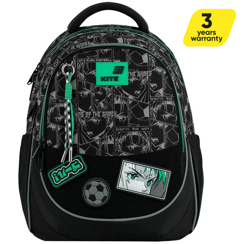 Rucsac școlar ortopedic Kite Good Mood, negru, ușor, pentru băieți, cu petice, pentru școală