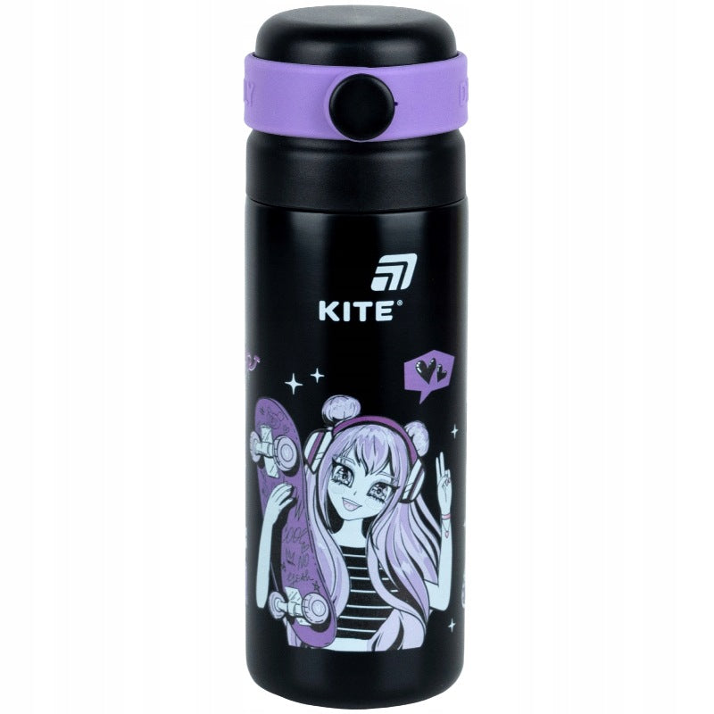 Termos pentru copii Kite 500 ml cu gură de băut cană și sită negru Anime