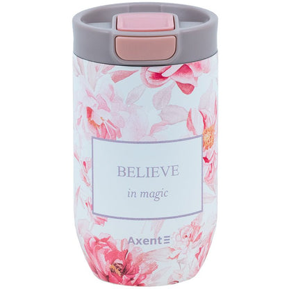 Kolorowy termokubek Axent Peony Dreams w kwiaty na białym tle.
