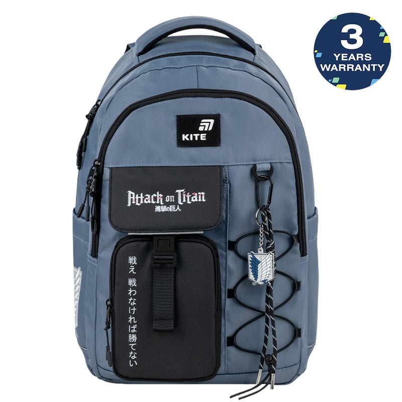 Rucsac școlar albastru cu compartimente multiple, Kite Attack on Titan, cu broderie și șireturi