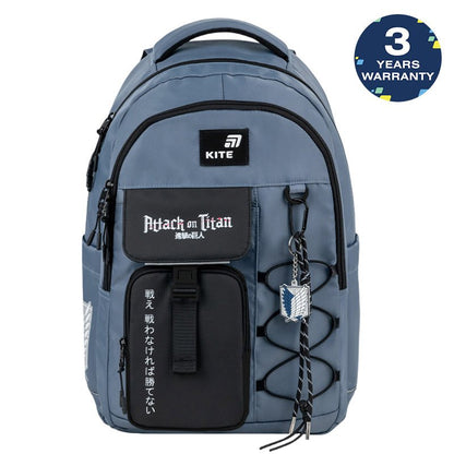 Rucsac școlar albastru cu compartimente multiple, Kite Attack on Titan, cu broderie și șireturi