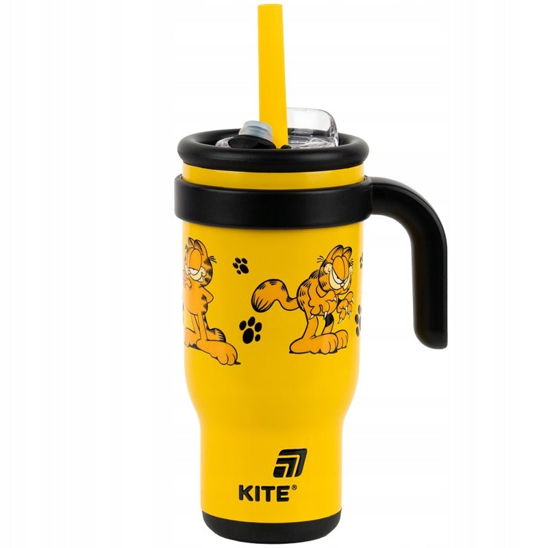 Kubek termiczny Kite Garfield w intensywnym żółtym kolorze z zabawnym nadrukiem kota.