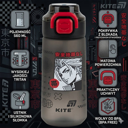 Charakterystyka butelki Kite K26-1213-2: tritan 560 ml, system 2w1, blokada i uchwyt.