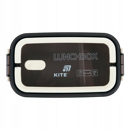 Beżowy lunchbox Kite 1400 ml z rączką i szczelnymi klipsami.