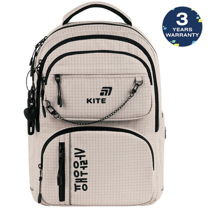 Rucsac școlar Kite Prime bej cu compartimente multiple, lanț și breloc bej