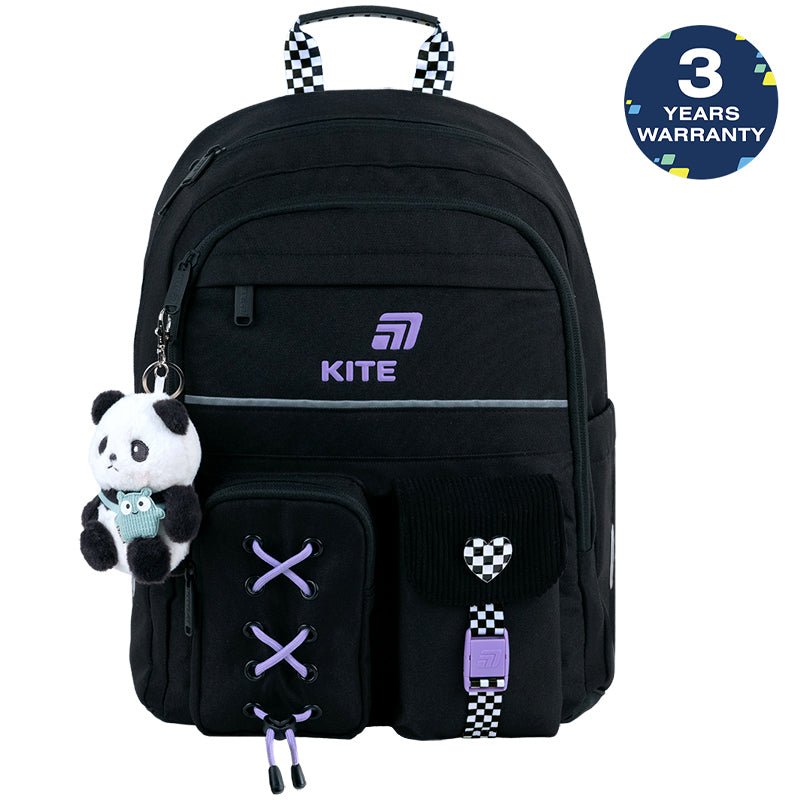 Rucsac școlar ortopedic Kite Panda Love negru pentru fete, clasele 1-6