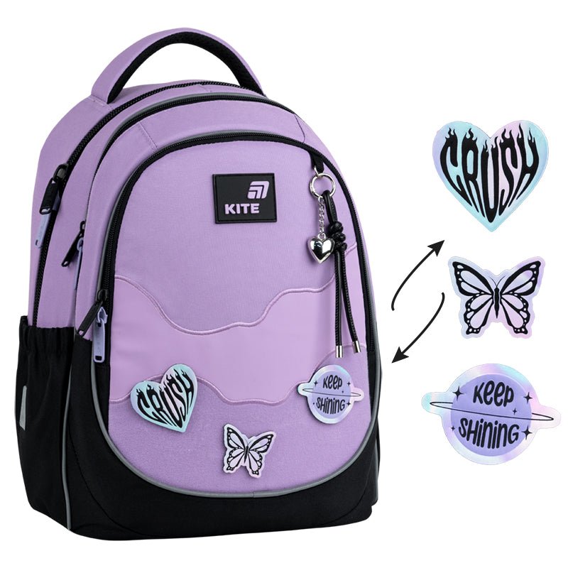 Rucsac școlar ortopedic Kite Crush violet pentru fete, ușor, pentru școală cu petice