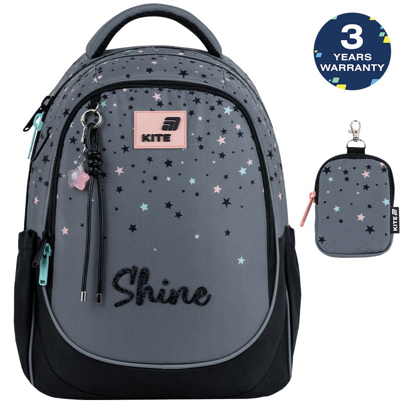 Rucsac școlar ortopedic ușor Kite Shine pentru fete, gri, cu portofel pentru școală
