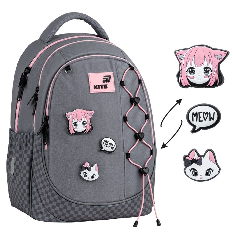Rucsac școlar ortopedic Kite Meow pentru fete, gri deschis cu petice