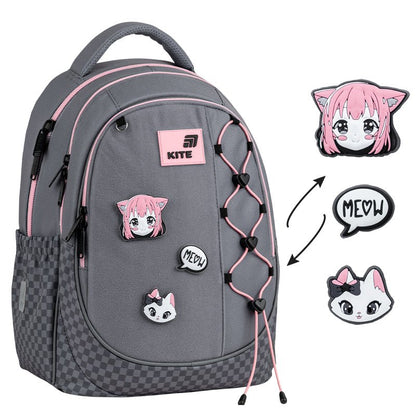 Rucsac școlar ortopedic Kite Meow pentru fete, gri deschis cu petice