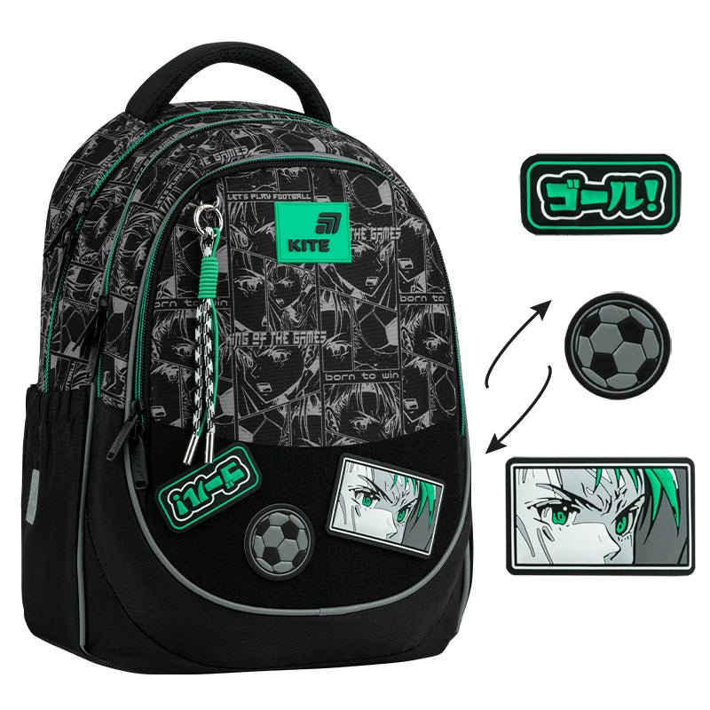Rucsac școlar ortopedic Kite Good Mood, negru, ușor, pentru băieți, cu petice, pentru școală