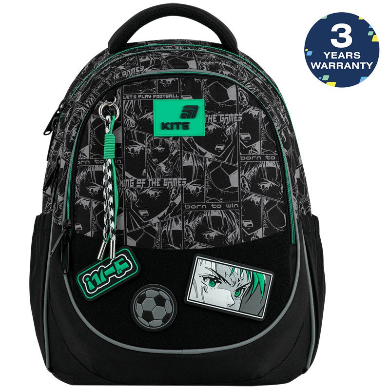 Rucsac școlar ortopedic Kite Good Mood, negru, ușor, pentru băieți, cu petice, pentru școală