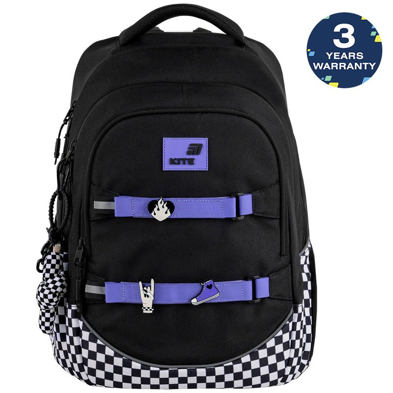 Rucsac școlar în carouri Kite Driving Mood AGS pentru fete, cu suport pentru skateboard