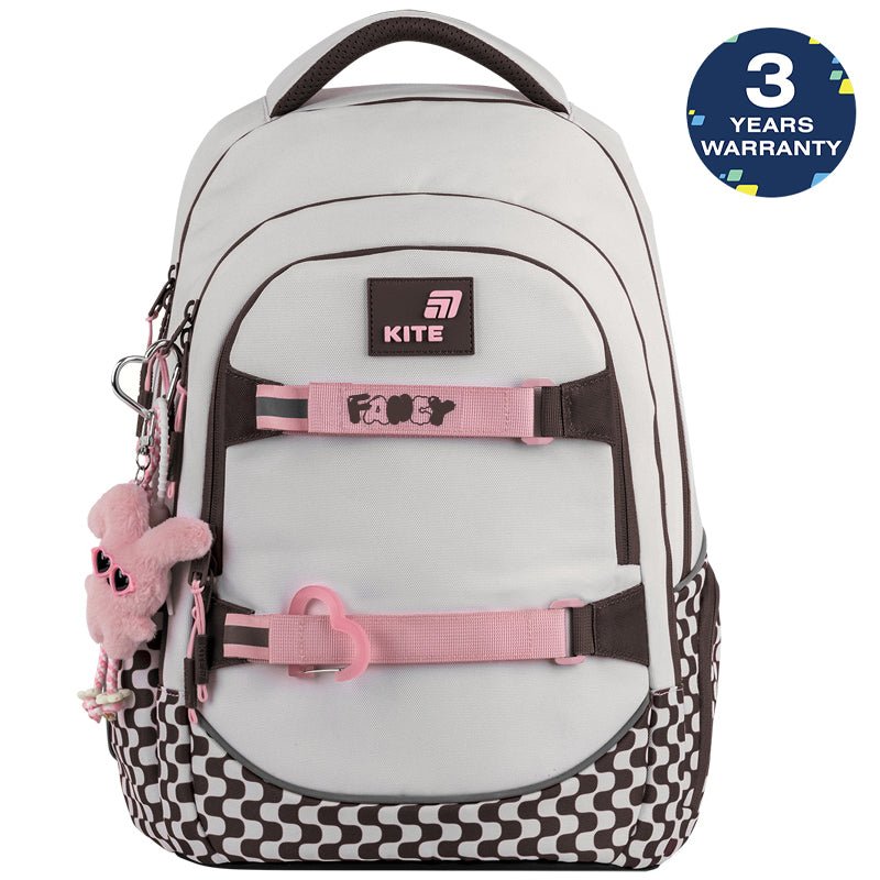 Rucsac școlar Kite Fancy bej AGS pentru fete 9-12 ani cu suport pentru skateboard