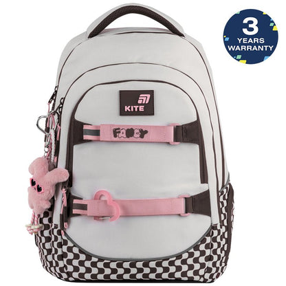 Rucsac școlar Kite Fancy bej AGS pentru fete 9-12 ani cu suport pentru skateboard