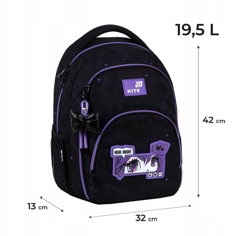 Infografika z wymiarami plecaka, wagą oraz kluczowymi cechami systemu Ergo Teens.