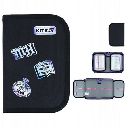 Zestawienie ujęć czarnego piórnika Kite Monster High z holograficznymi wzorami z każdej strony.