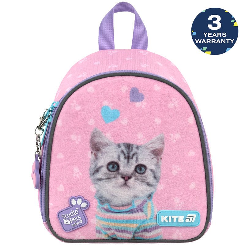Rucsac preșcolar Kite Studio Pets pentru fete, roz cu pisicuță și panou de pluș