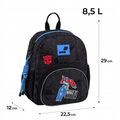 Infografika z wymiarami czarnego plecaka Transformers i opisem technologii.