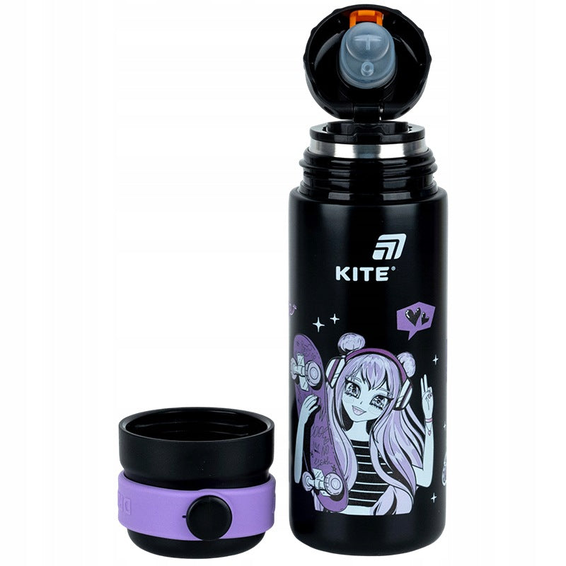 Termos pentru copii Kite 500 ml cu gură de băut cană și sită negru Anime