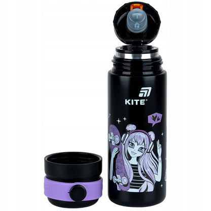 Termos z ustnikiem i kubkiem dla dzieci Kite 500 ml z sitkiem czarny Anime