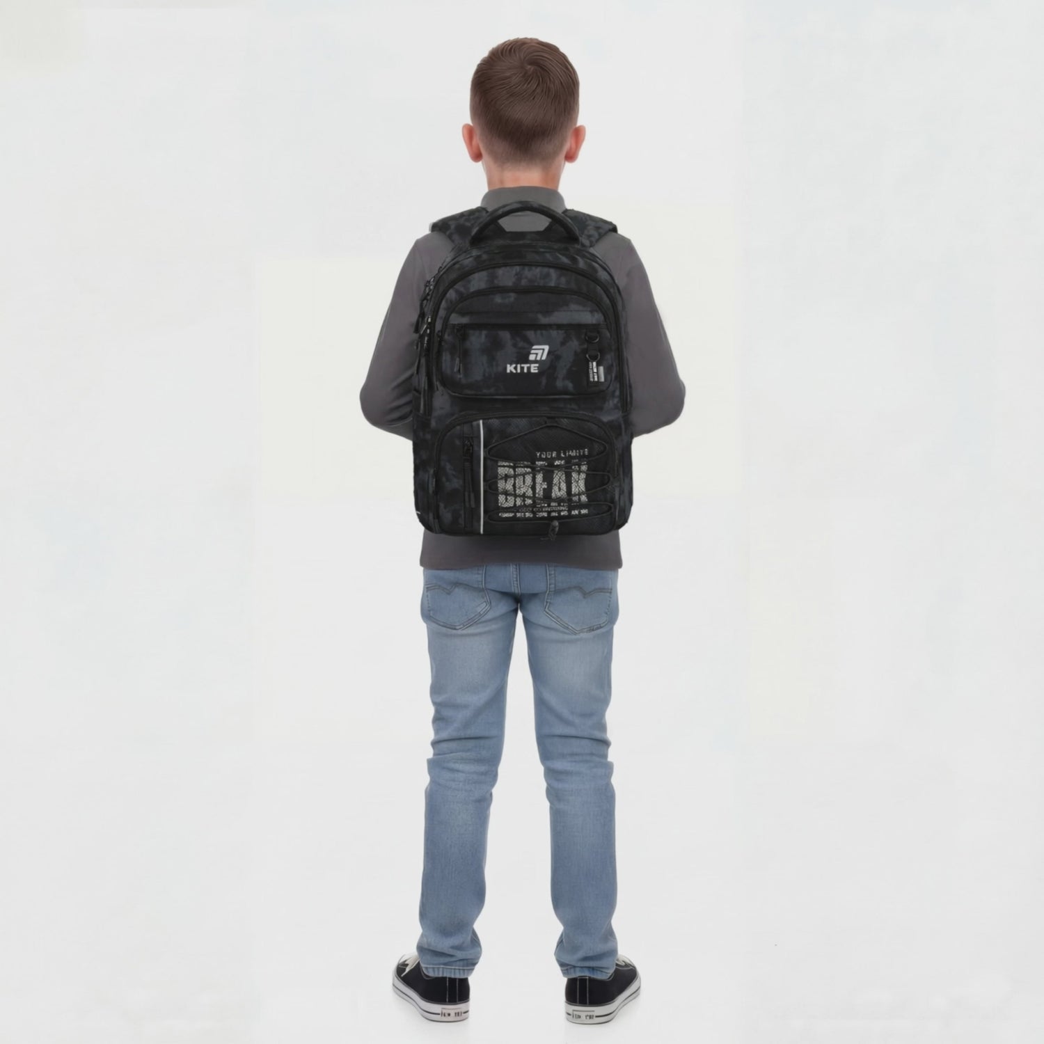 Rucsac școlar gri Kite Break Limits cu șireturi și imprimeu luminos