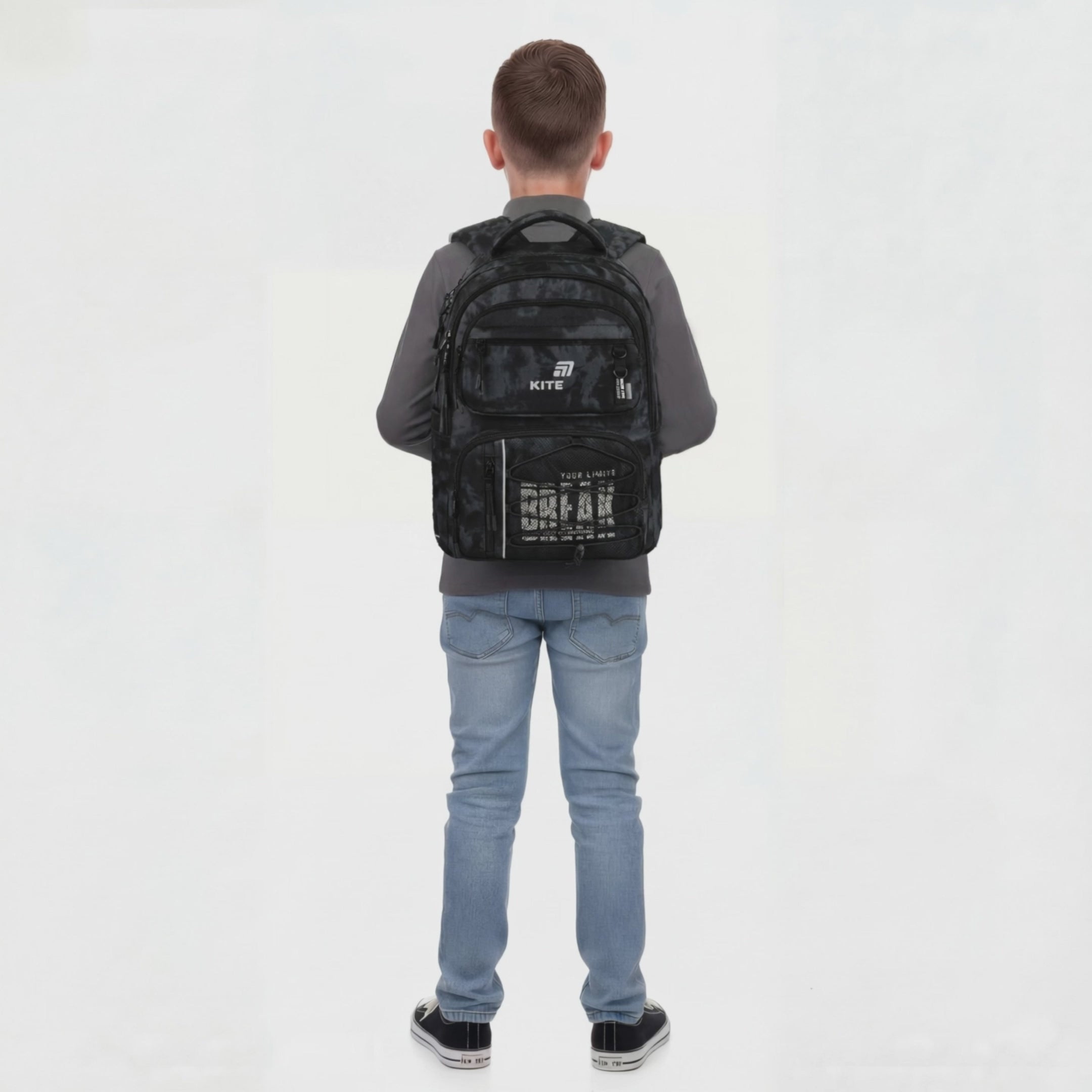 Rucsac școlar gri Kite Break Limits cu șireturi și imprimeu luminos