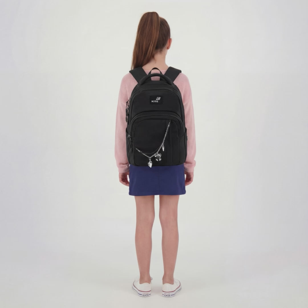 Rucsac școlar ușor, negru, pentru fete 9-12 ani, Kite Black&amp;Charm