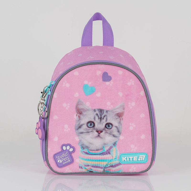 Rucsac preșcolar Kite Studio Pets pentru fete, roz cu pisicuță și panou de pluș