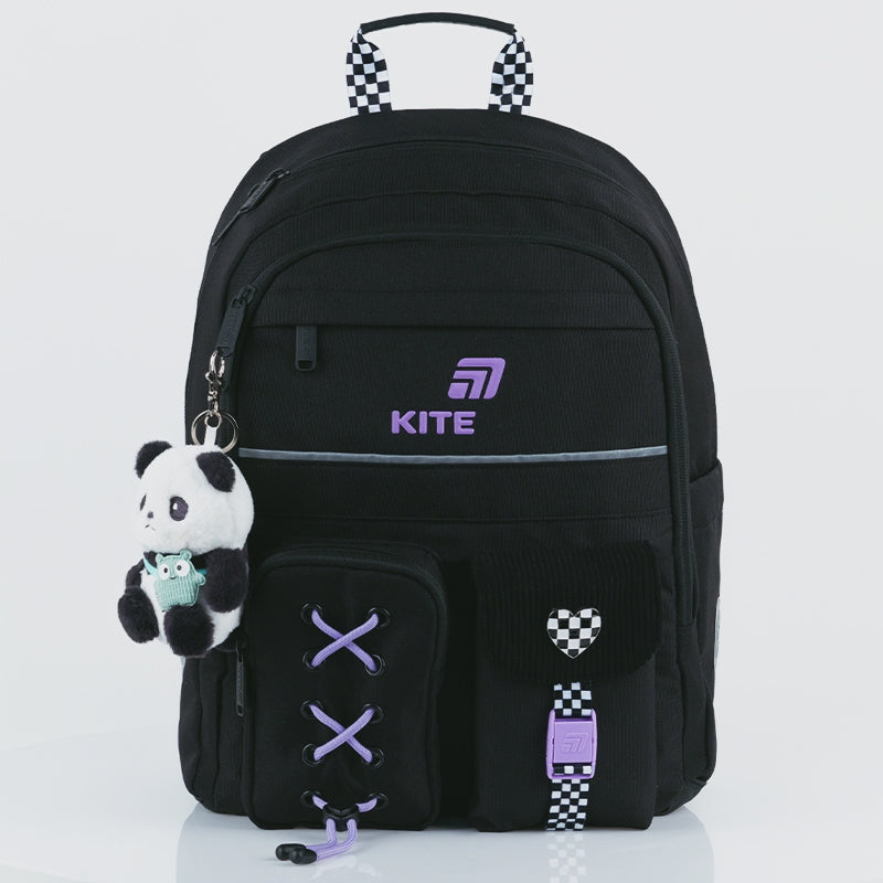 Rucsac școlar ortopedic Kite Panda Love negru pentru fete, clasele 1-6