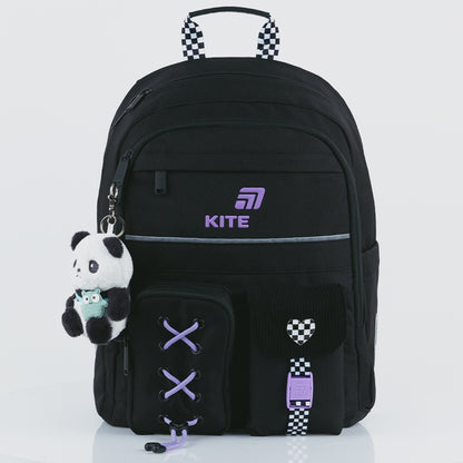 Rucsac școlar ortopedic Kite Panda Love negru pentru fete, clasele 1-6