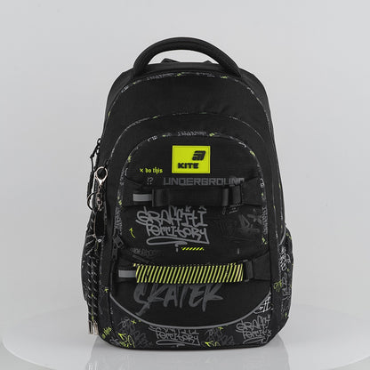 Rucsac școlar Kite Graffiti AGS negru pentru băieți 9-12 ani cu suport pentru skateboard