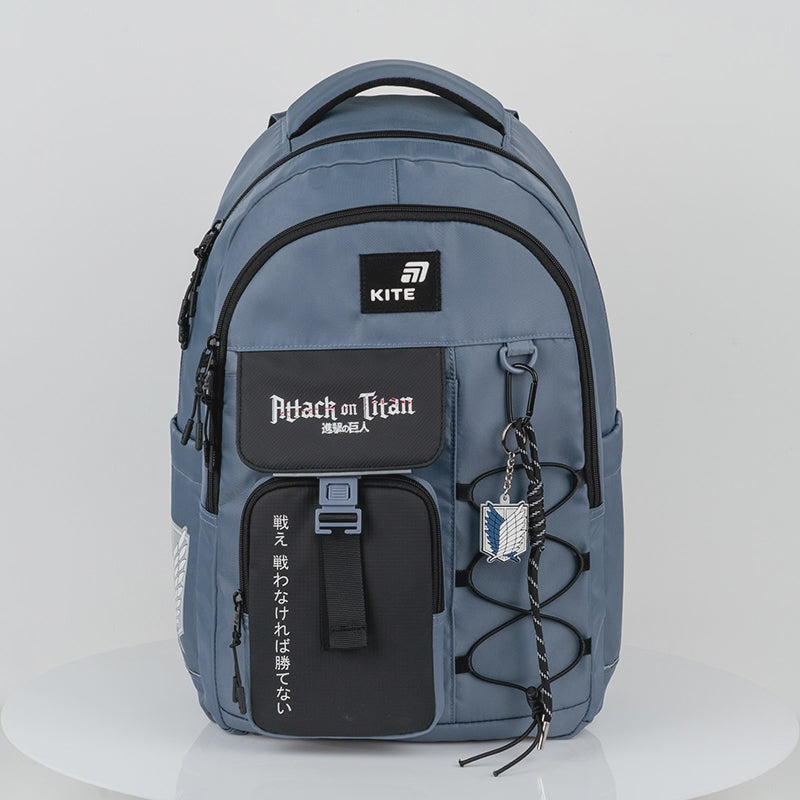 Rucsac școlar albastru cu compartimente multiple, Kite Attack on Titan, cu broderie și șireturi