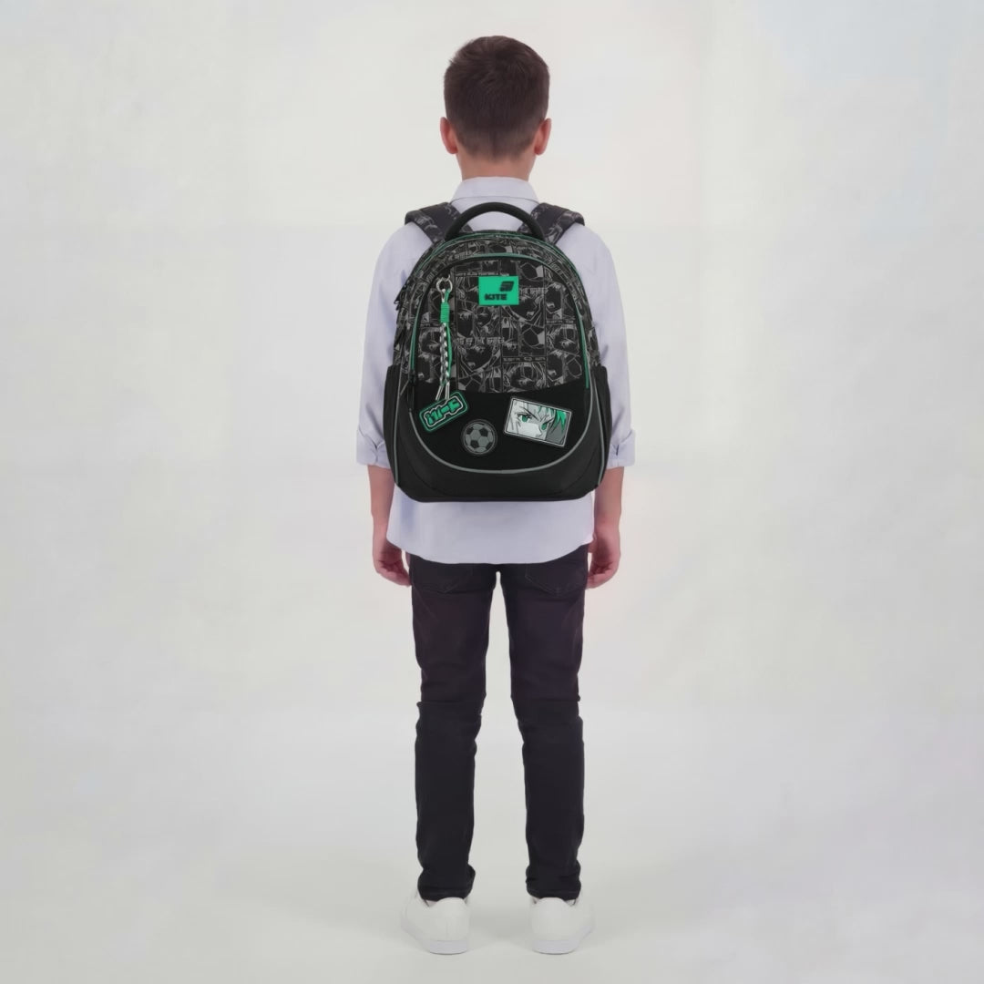 Rucsac școlar ortopedic Kite Good Mood, negru, ușor, pentru băieți, cu petice, pentru școală