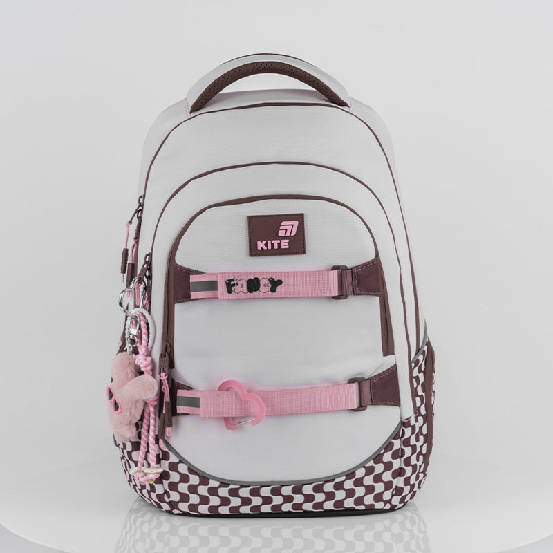 Rucsac școlar Kite Fancy bej AGS pentru fete 9-12 ani cu suport pentru skateboard
