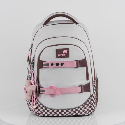 Rucsac școlar Kite Fancy bej AGS pentru fete 9-12 ani cu suport pentru skateboard