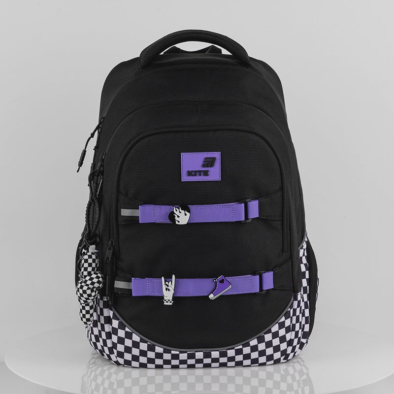 Rucsac școlar în carouri Kite Driving Mood AGS pentru fete, cu suport pentru skateboard