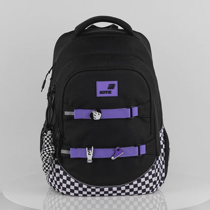 Rucsac școlar în carouri Kite Driving Mood AGS pentru fete, cu suport pentru skateboard