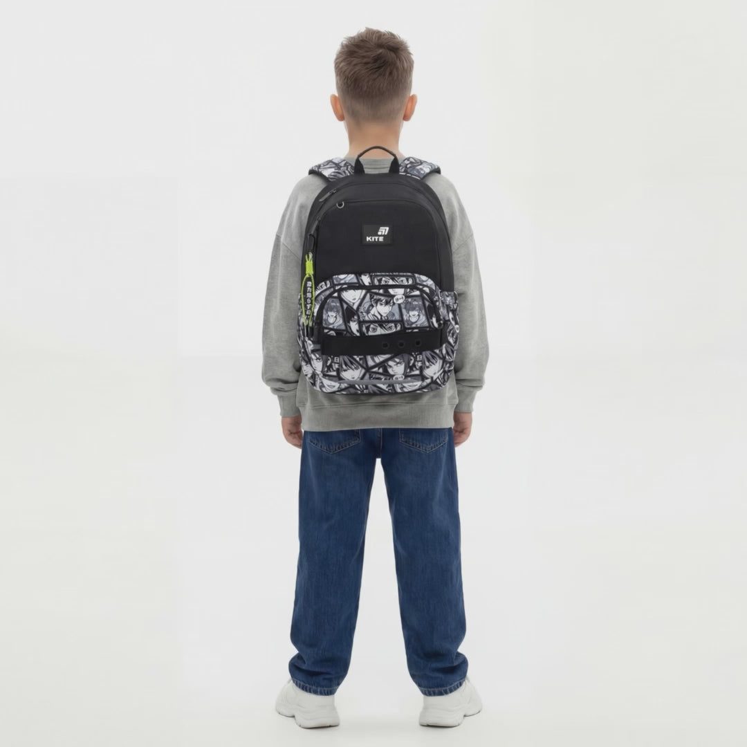 Rucsac școlar ortopedic ușor pentru băieți, negru, cu breloc, Kite Anime Boy