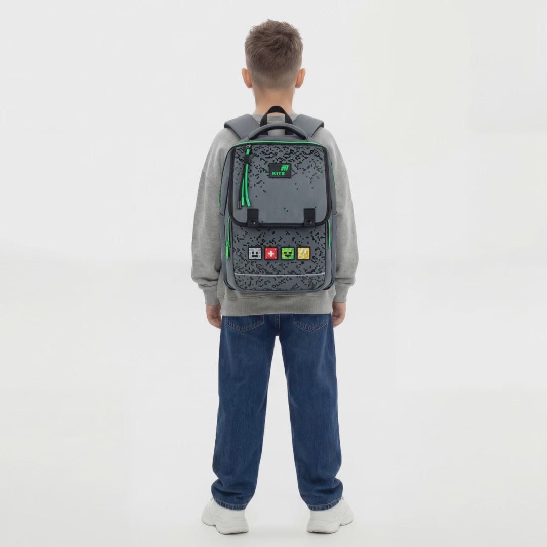 Rucsac școlar magnetic ortopedic Kite Pixel pentru băieți, clasele 1-6, gri