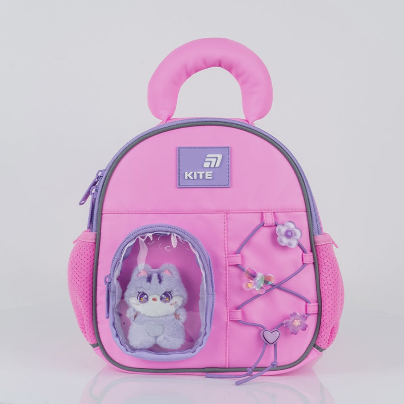 Rucsac preșcolar Kite Cat&amp;Fun cu jucărie pentru fete și curea de piept