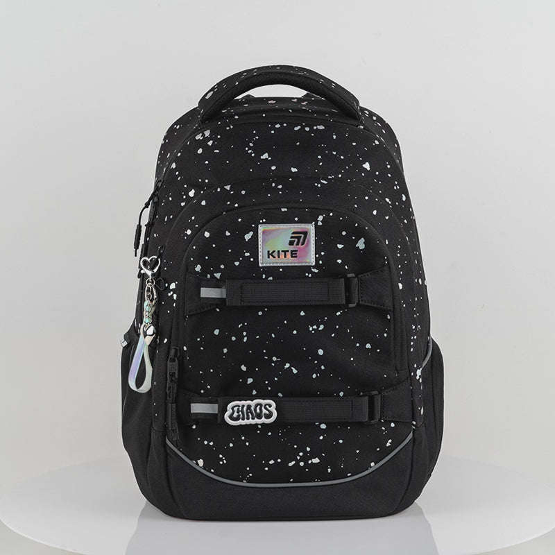 Rucsac școlar holografic Kite AGS negru pentru fete 9-12 ani cu suport pentru skateboard